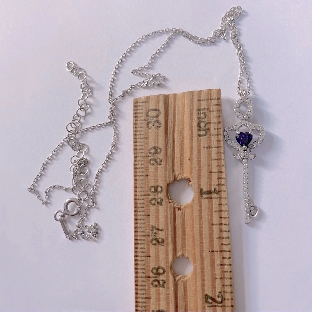 💜925 Silver key cubic zirconia necklace purple stone heart